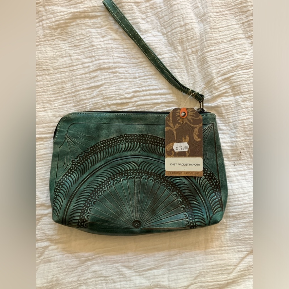 Teal leather clutch with wrist strap